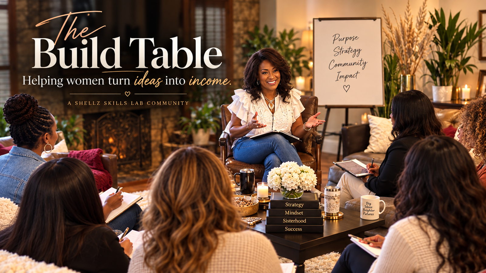 The Build Table — a Shellz Skills Lab community gathering of women sharing ideas in a warm living-room setting.